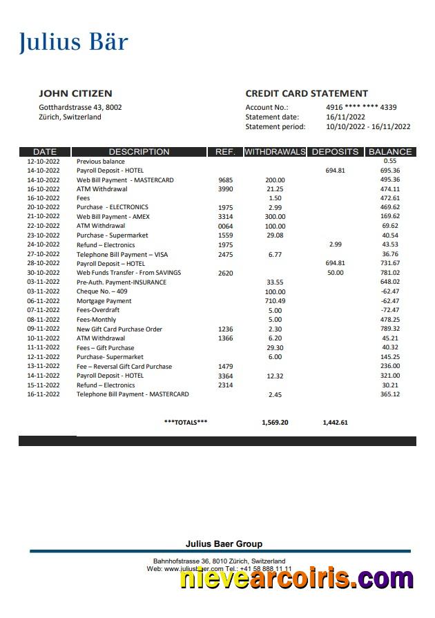 Switzerland Julius Bar bank statement